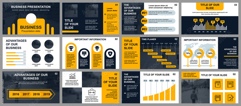 Poster Business presentation slides templates from infographic elements. Can be used for presentation template, flyer and leaflet, brochure, corporate report, marketing, advertising, annual report, banner.
