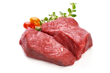 Raw ribeye beef steaks, sliced fresh meat, close-up, isolated on white background