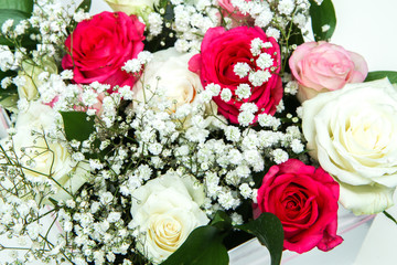 The nice roses arranged in a white gift box isolated on a white background. Very nice and romantic lookof the blooms. 