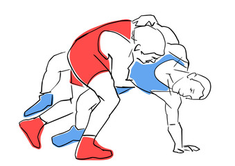 Greco-Roman wrestling. Fight of two wrestlers. Black contour, isolated colors. Vector flat illustration. Athletes in active poses. Sports competition or training.