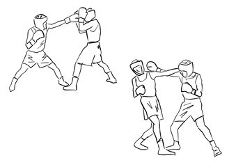 Fototapeta na wymiar Boxing match. Set of two boxers in ring. Black isolated contour. Professional fight. Vector outlines. Sparring silhouettes.