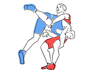 Greco-Roman wrestling. Fight of two wrestlers. Black contour, isolated colors. Vector flat illustration. Athletes in active poses. Sports competition or training.