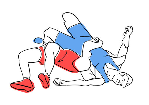 Greco-Roman wrestling. Fight of two wrestlers. Black contour, isolated colors. Vector flat illustration. Athletes in active poses. Sports competition or training.