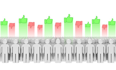 Crowd of people and thumbs up and thumbs down signs or like and dislike symbols as opinions of participants