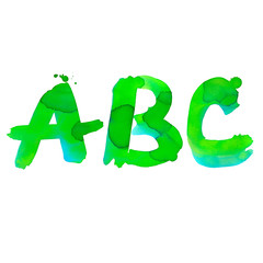 Watercolor letters ABC. Hand writing green and blue gradient symbols of English alphabet with splashes of color on white background
