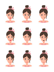Female young character face set with different emotion. Brunette girl with happy, angry, unhappy, laughing, scared, wow, fun emotions. Vector Illustration