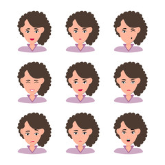 Female young character face set with different emotion. Brunette girl with happy, angry, unhappy, laughing, scared, wow, fun emotions. Vector Illustration
