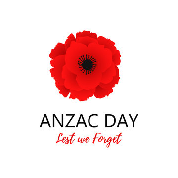 A bright poppy flower. Remembrance day symbol. Lest we forget lettering. Anzac day lettering. Vector Illustration