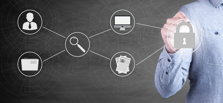 businessman draws graphics people technology block lock communication