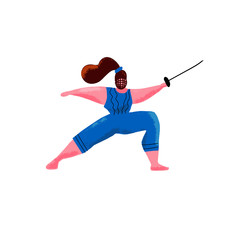 Cartoon hand drawn Cute plus size swordswoman. Fitness fencing concept. Tricky nimble plump woman stands with rapier. fencing sport print for shirt. Flat illustration on white background