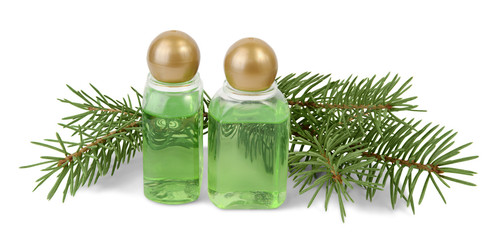 Two bottles of spruce essential oil and fir branches behind on isolated on white background.