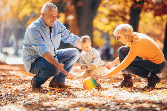 Grandparents and grandson together in autumn park