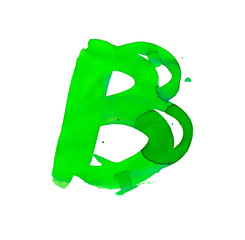 Wateercolor letter B. Hand writing gradient symbol of English alphabet with splashes of color on white background