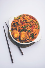 Egg Schezwan/hakka noodles, popular indochinese food served in a bowl with chopsticks. selective focus