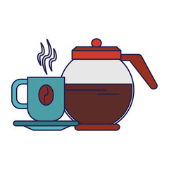 Coffee pot with coffee cup on plate blue lines