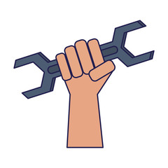 Hand holding wrench construction and repair blue lines
