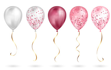 Set of 5 shiny pink realistic 3D helium balloons for your design. Glossy balloons with glitter and gold ribbon, perfect decoration for birthday party brochures, invitation card or baby shower