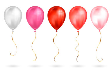 Set of 5 shiny red and pink realistic 3D helium balloons for your design. Glossy balloons with glitter and gold ribbon, perfect decoration for birthday party brochures, invitation card or baby shower