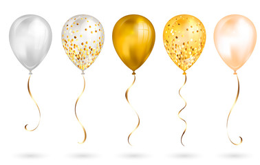 Set of 5 shiny gold realistic 3D helium balloons for your design. Glossy balloons with glitter and gold ribbon, perfect decoration for birthday party brochures, invitation card or baby shower - obrazy, fototapety, plakaty