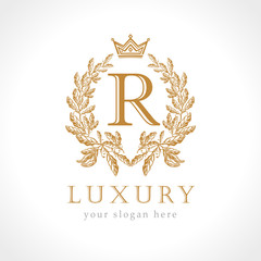 Letter R logotype concept. Isolated abstract emblem, graphic design template. Art nomination award elegant banner, decorative old tradition style sign, round shape business symbol. Vector illustration