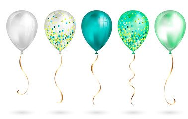 Set of 5 shiny realistic 3D teal helium balloons for your design. Glossy balloons with glitter and gold ribbon, perfect decoration for birthday party brochures, invitation card or baby shower