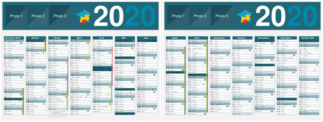 Calendrier 2020 14 mois avec vacances scolaires officielles au format 320 x 420 mm recto verso entièrement modifiable via calques et texte arial