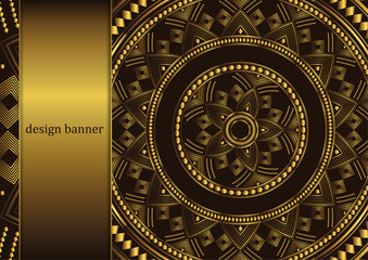 Golden mandala design on black background. Decorative floral template for greeting card, invitation or banner.