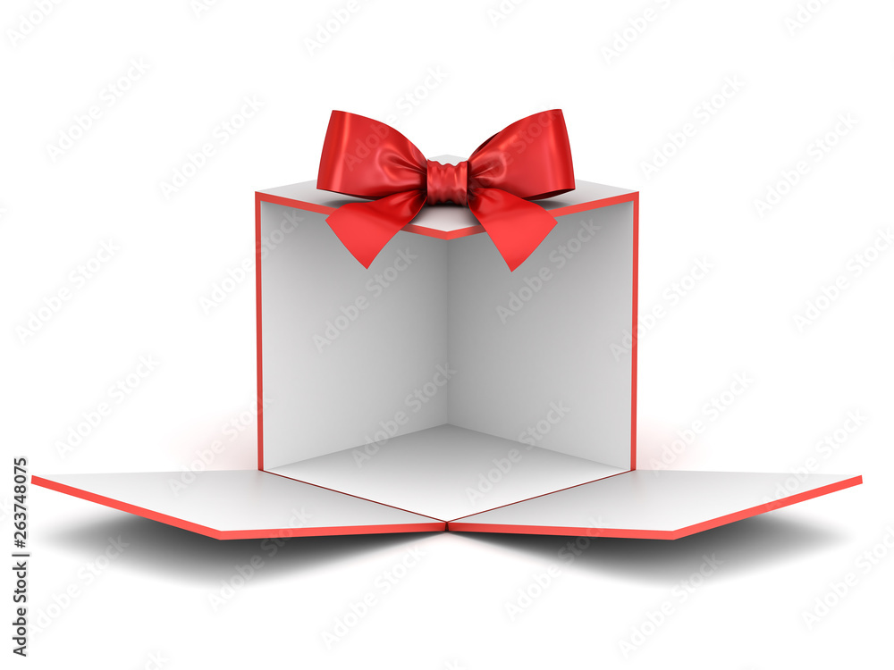 Poster Blank display gift box backdrop unfold for your product or present box showcase with red ribbon bow opening isolated on white background with shadow 3D rendering