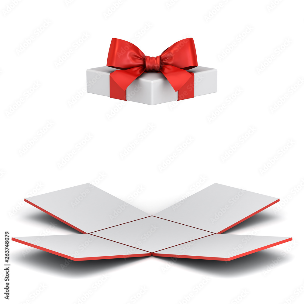 Poster Open gift box or unfold present box with red ribbon bow isolated on white background with shadow 3D rendering