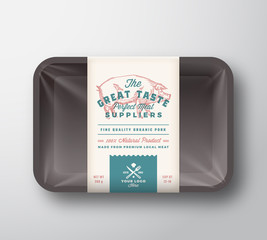 Great Taste Pork. Abstract Vector Meat Plastic Tray Container with Cellophane Cover. Retro Typography Packaging Design Label Template. Hand Drawn Pig Vintage Background Layout.