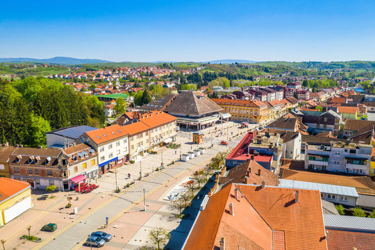 Fototapeta Croatia, town od Daruvar, main city square, panorama from, drone