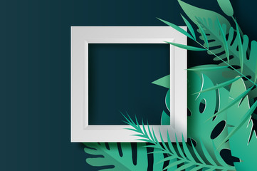 3d illustration of trends Summer Tropical palm leaves and plants.Digital Paper cut and craft Origami Hawaiian style summertime space for text. Graphic dark green summer season floral background.vector