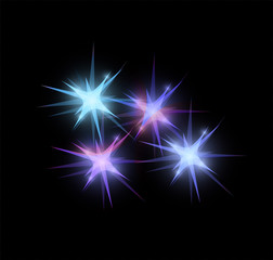 Multicolored ,blue bright glowing and shining star dflares effect isolated on black  background. Vector illustration