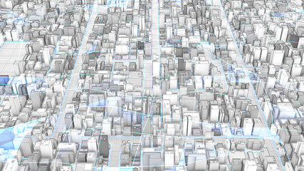 Abstract connection with plexus dots and triangular network. Aerial view above wireframe city in white color. Futuristic network and technology. 3d render, wireless systems