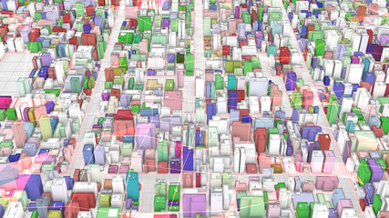 Abstract connection with plexus dots and triangular network. Aerial view above wireframe city with multicolor constructions. Futuristic network and Wireless technology. 3d render
