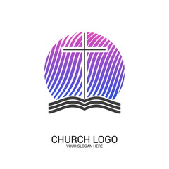 Church logo and christian symbols. Cross of the Savior Jesus Christ and geometric abstract symbols.
