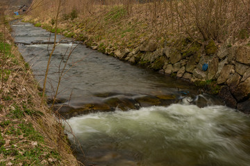 Svatava river in Kraslice town in Krusne mountains in spring day