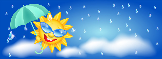 Sun in glasses with umbrella and rain drops