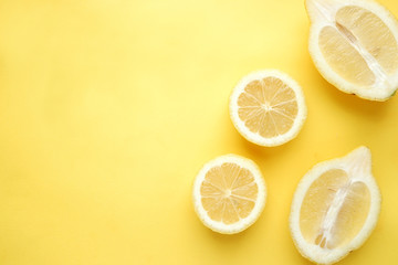 Lemon in cut. Top view, empty space