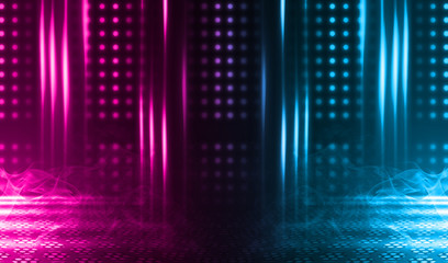 Empty background scene. Dark reflection of the street on the wet asphalt. Rays of neon light in the dark, neon figures, smoke. Night view of the street, the city. Abstract dark background.