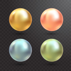 Realistic varicoloured pearls vector set on transparent background. Precious pearl in sphere form. Pearl is luxury glossy stone illustration