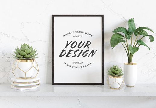 Vertical Frame Leaning on Marble Shelf Mockup