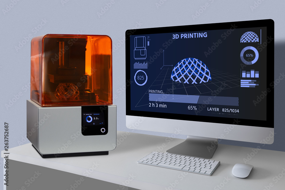 Poster a 3d printer in the laboratory prints a structure from a photopolymer.