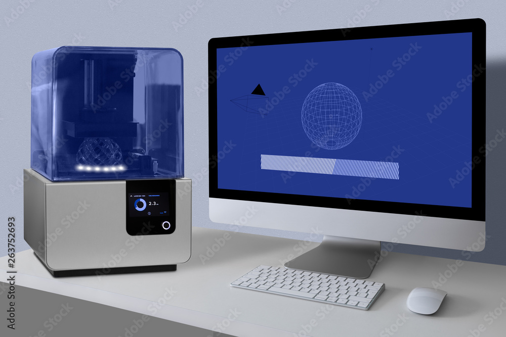 Poster a 3d printer in the laboratory prints a structure from a photopolymer.