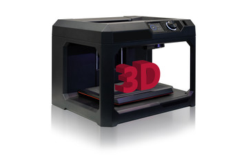 3d printer with a printed text "3D" isolated on white