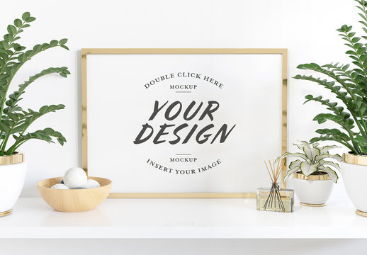 Horizontal Frame Leaning on Shelf in Interior Mockup