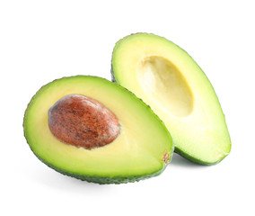 Ripe cut avocado isolated on white background. Healthy food