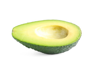 Ripe cut avocado isolated on white background. Vegetarian food