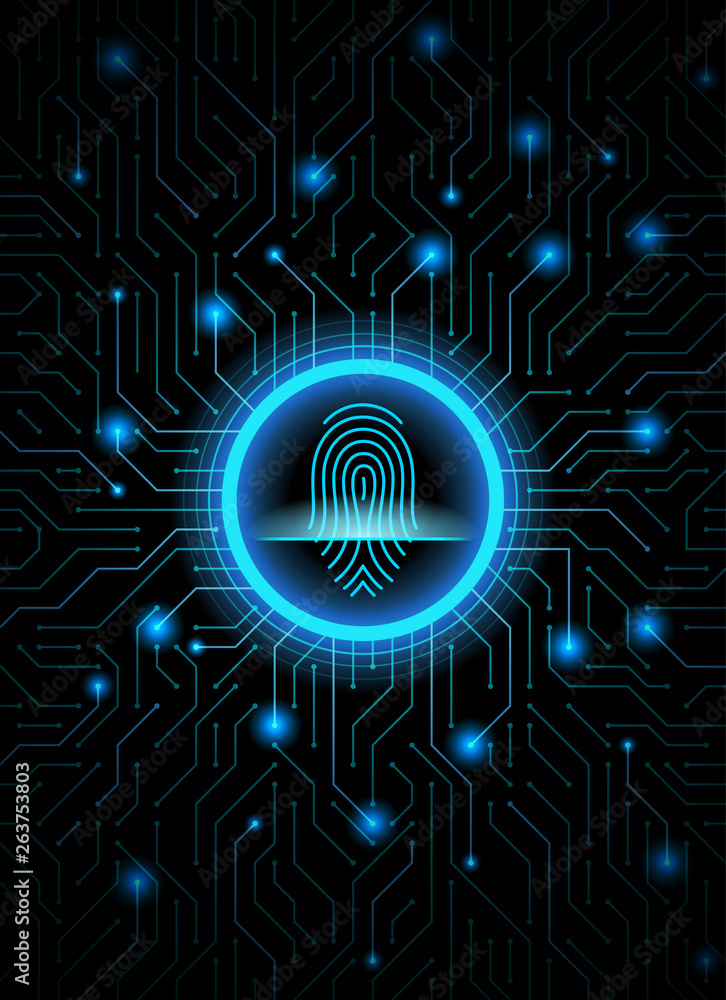 Poster cyber security fingerprint dark blue abstract digital conceptual technology background. computer tec