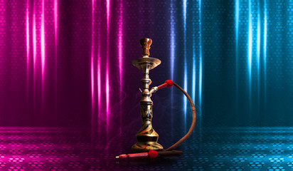 Hookah, smoke on a dark abstract background. Background of empty scenes with multicolored neon...